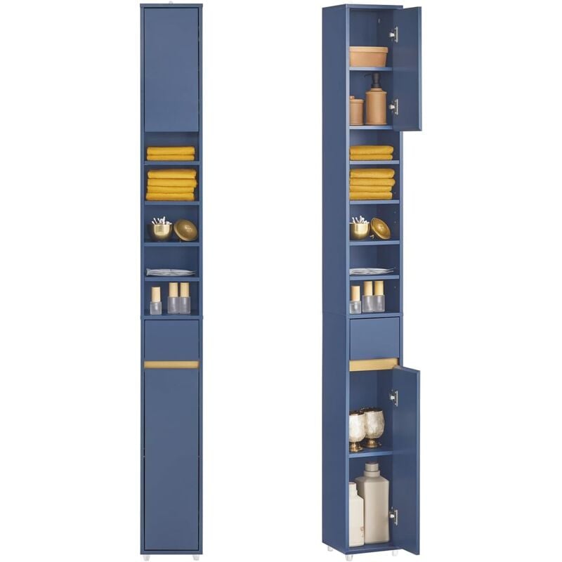 BZR34-B Meuble Colonne Salle de Bain, Armoire de Rangement Placard de Rangement Étroite, 1 Tiroir, 2 Portes et 5 Compartiments Ouverts, Étagères