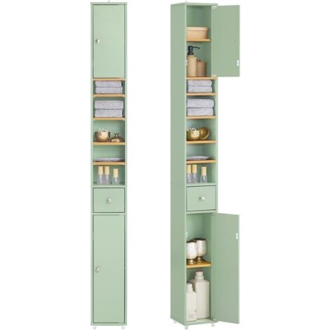 SoBuy BZR34-GR Meuble Colonne Salle de Bain, Armoire de Rangement Placard de Rangement Étroite, 1 Tiroir, 2 Portes et 5 Compartiments Ouverts, Étagères Réglables, Vert