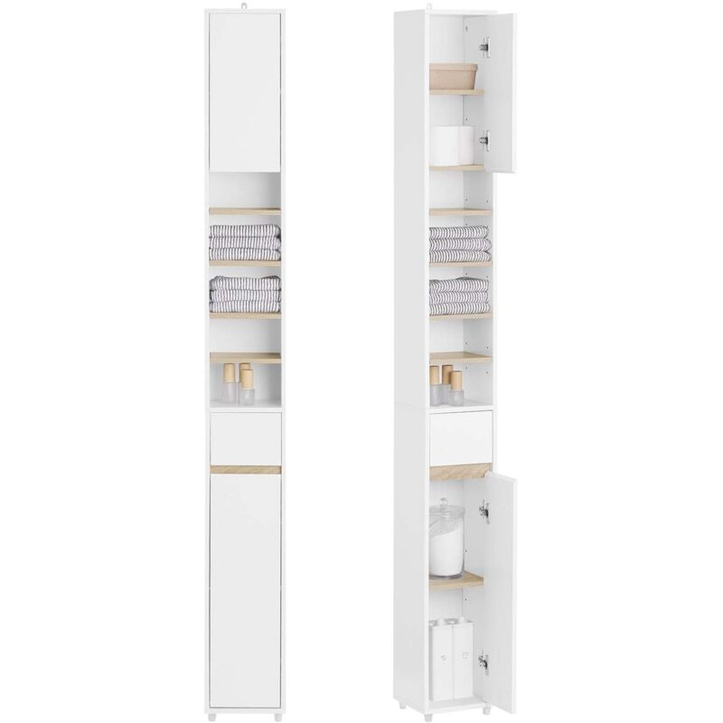 Sobuy Weiß Mueble Columna De Baño Armario Para Baño Alto Estanterías De Baño Con 5 Estantes Abiertos 2 Puertas Y 1 Cajón 20 X 20 X 180 Cm Bzr34-Wn Es