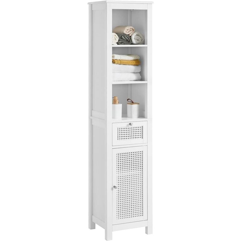 BZR36-W Meuble Colonne de Salle de Bain Armoire Haute Placard de Rangement avec 1 porte en ploy rotin, 1 tiroir et 3 étagères, Blanc - Sobuy