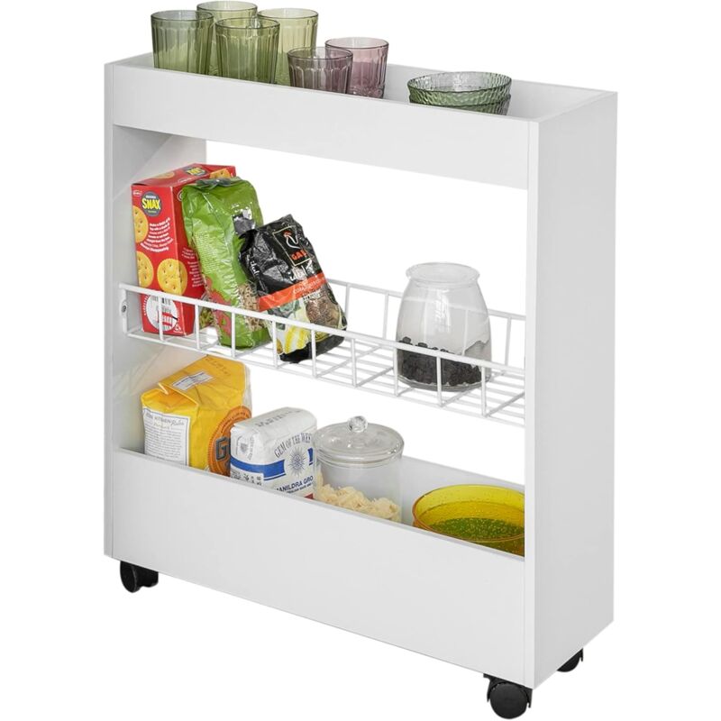 Sobuy - BZR46-W Chariot de Rangement Mobile sur 3 Niveaux Étagère de Niche à Roulettes en Bois et métal