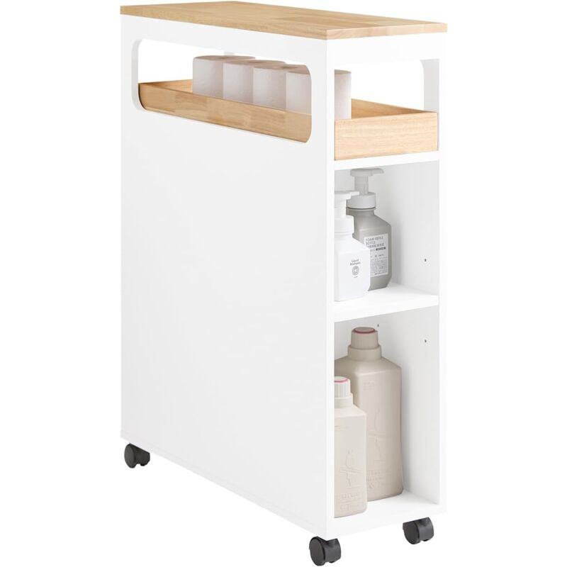 BZR54-II-WN Meuble de Rangement Salle de Bain Étroit sur Roulettes, Support Papier Toilette, Armoire Toilettes wc Compact, 1 Plateau Amovible et 3