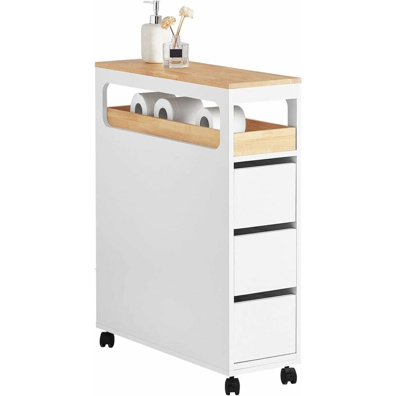 BZR54-W Meuble de Rangement Salle de Bain Étroit sur roulettes, Support Papier Toilette, Armoire Toilettes wc Compact, Rangement Polyvalente avec 1