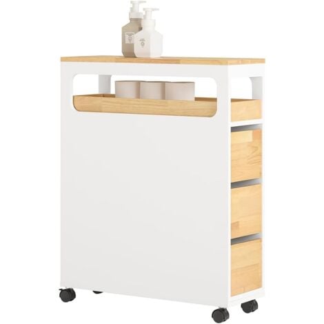 SoBuy BZR54-WN Meuble de Rangement Salle de Bain Étroit sur roulettes, Support Papier Toilette, Armoire Toilettes WC Compact, Rangement Polyvalente avec 1 Plateau Amovible et 3 tiroirs