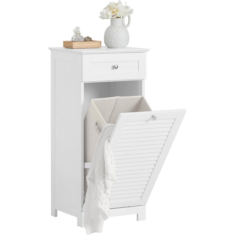 BZR73-W Meuble Bas de Salle de Bain Corbeille à Linge Armoire Toilette Meuble de Rangement avec 1 Tiroir et 1 Panier à Linge, Blanc, 38x40x90cm