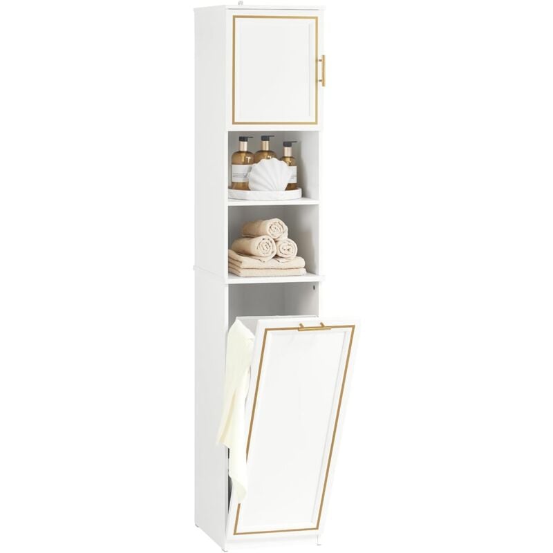 BZR87-W Meuble Colonne de Salle de Bain Armoire Haute Étagère étroite de Salle de Bain Meuble de Rangement avec 2 Portes, 2 Compartiments Ouverts et