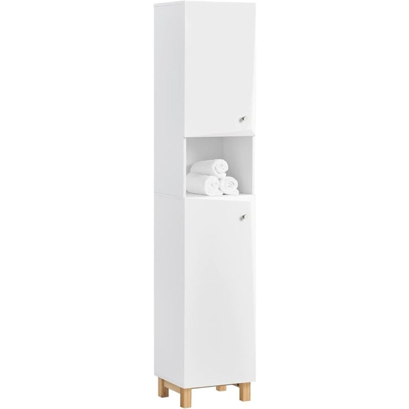 BZR91-W Meuble Colonne de Salle de Bain avec 6 Compartiments de Rangement, Placard Armoire Haute, Étagère de Rangement sur Pieds au Style