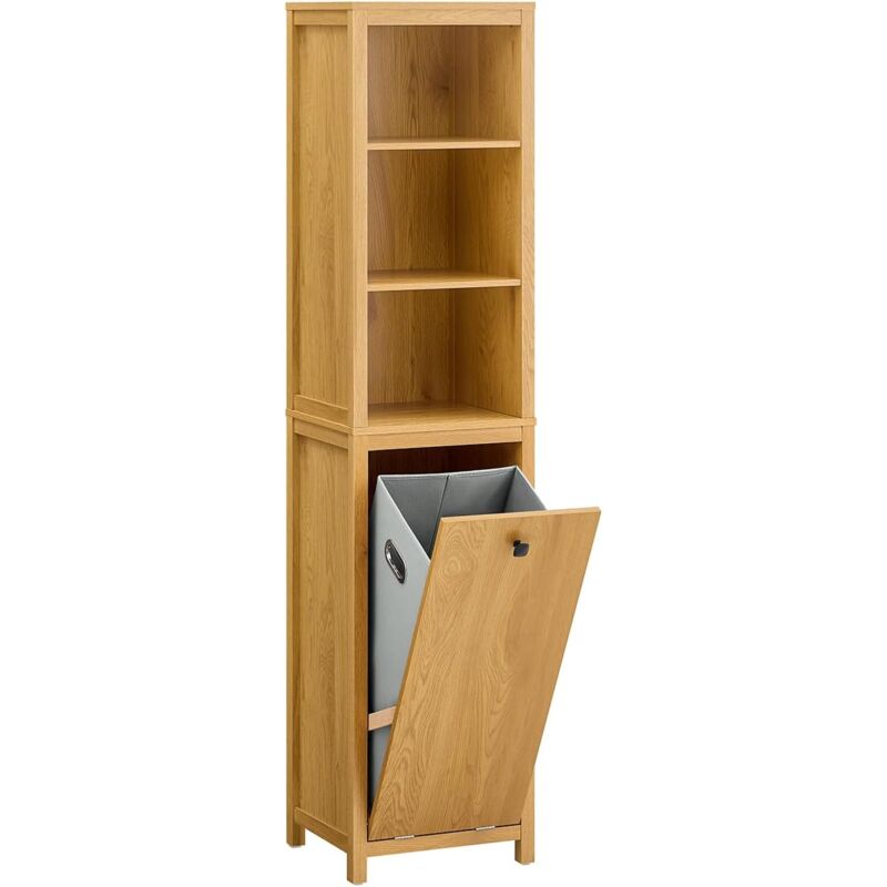 BZR95-SN Meuble Colonne de Salle de Bain, Armoire Haute, Placard de Rangement, Étagère de Rangement avec 1 Panier à Linge et 3 Étagères pour Salle de