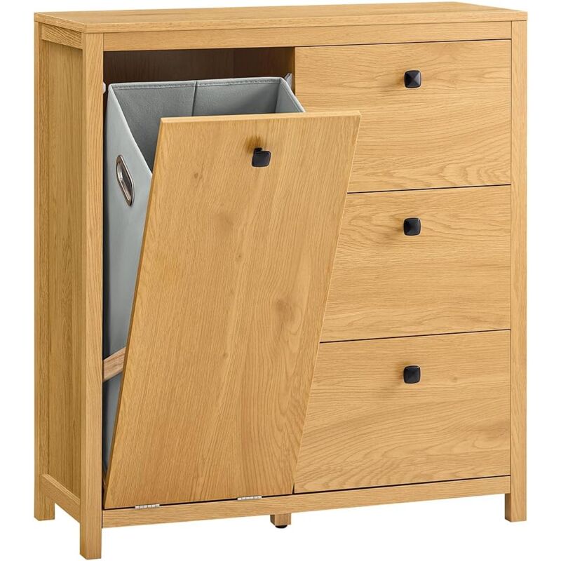 BZR97-SN Armoire à Linge avec Sac à Linge, Meuble Bas de Salle de Bain, Commode pour Salle de Bain, Armoire Toilette avec 3 Tiroirs et 1 Panier à