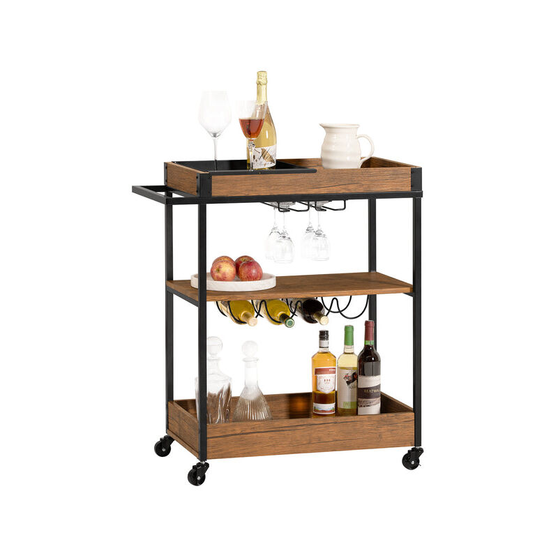 Carrello di servizio con 3 ripiani e 1 vassoio estraibile Carrello da cucina con ruote Carrello portavivande Angolo Bar con portabottiglie 77x41x90cm