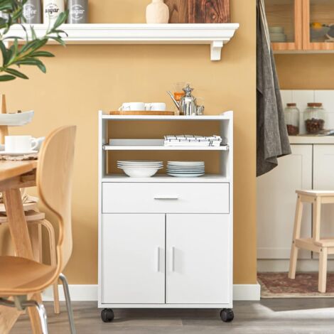 SoBuy Carrello da Cucina con Ruote e Piano Estraibile Mobiletto Salvaspazio per Microonde con Cassetto, Ripiani e Ante Mobile Cucina Bianco 92x59x40cm per Cucina, Ufficio o Sala da Pranzo FSB09-W