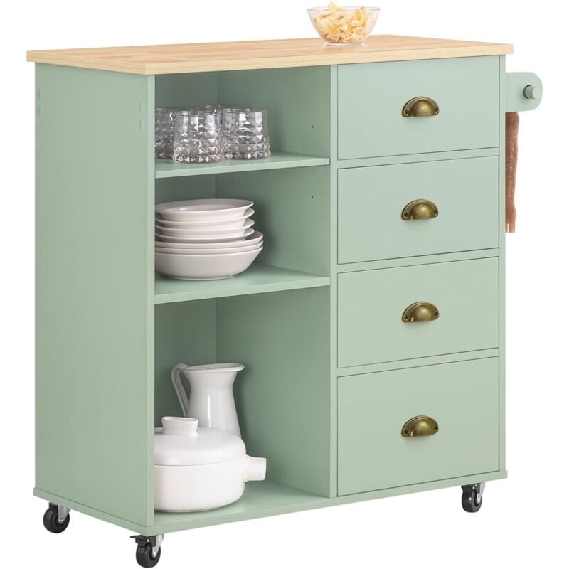Sobuy - Chariot de Cuisine avec 3 Compartiments et 4 Tiroirs Service Table d'Appoint Chariot à roulettes Vert 90x40x88cm, FKW127-GR