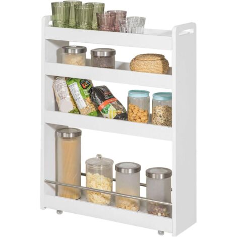 Sobuy – Chariot de rangement à 4 niveaux 60x18x82 cm – Étagère en bois MDF avec roulettes – Barres anti-chute – Meuble cuisine salle de bain – NSR01W
