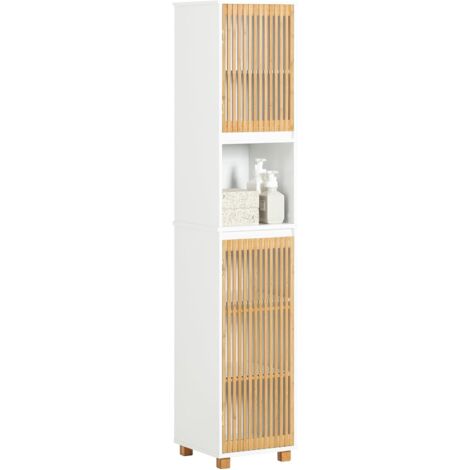 Sobuy – Colonne de salle de bain 165cm BZR127W – Meuble de rangement étroit en MDF laqué blanc et bambou – 2 portes, 3 étagères, compartiment ouvert