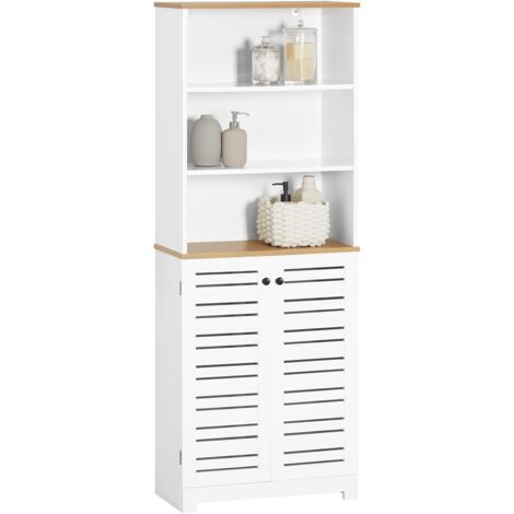 Sobuy – Colonne de salle de bain BZR44W – Armoire haute avec 3 étagères ouvertes et 2 portes – Bois MDF laqué blanc – Dimensions L60cm x P30cm x H160cm