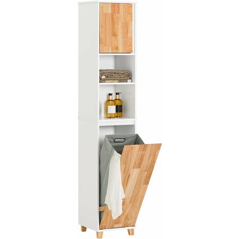 Sobuy – Colonne de salle de bain BZR74W – Armoire haute étroite avec 2 niches, 1 porte et 1 panier à linge – Bois MDF et hévéa – L31 x P32 x H170 cm – Blanc