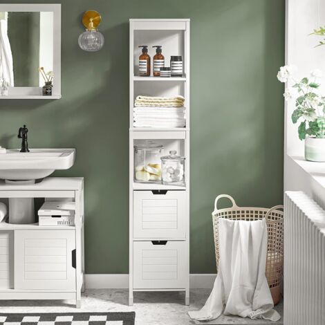Sobuy – Colonne de salle de bain FRG126W – Armoire haute 4 étagères 2 tiroirs – Bois MDF laqué blanc – Dimensions 30x30x144cm