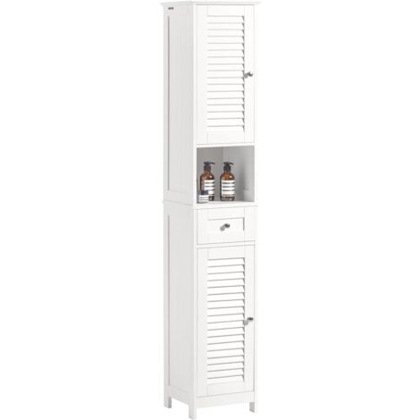 Sobuy – Colonne de salle de bain MDF blanc 32x30x170 cm – 2 portes persiennes, 1 tiroir, niche ouverte – Rangement optimisé – FRG236W