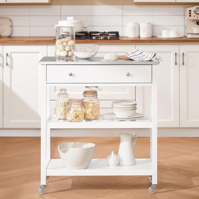 SoBuy Desserte Roulante pour Îlot Central avec Plateau Inox, Tiroirs et Étagères, Blanc