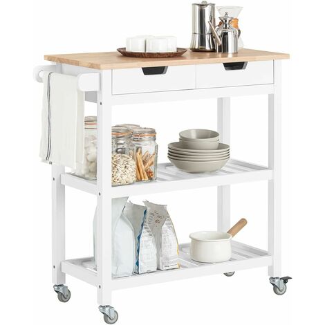 Sobuy – Chariot de service desserte de cuisine 2 niveaux – FKW68WN – Bois de hévéa et pin – Dimensions L85 x P39 x H90 cm – Capacité 50 kg
