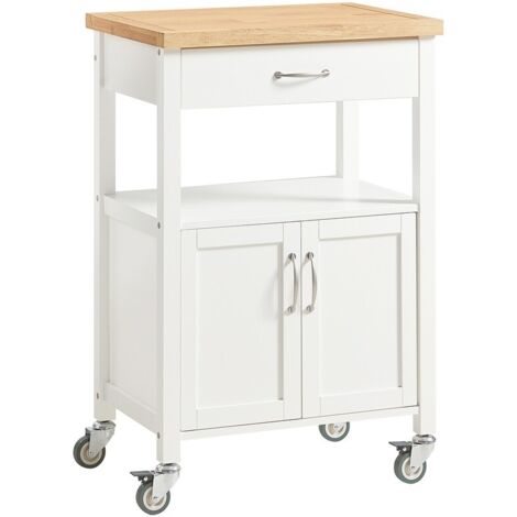 Sobuy – Desserte de cuisine à roulettes 60x44x90cm – Bois d'hévéa et MDF laqué – 1 tiroir, 2 portes, capacité 30kg – FKW22WN