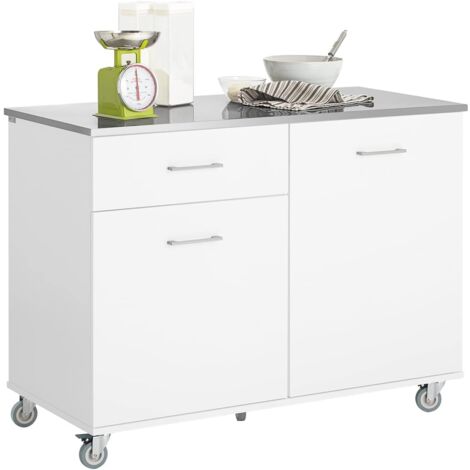 Sobuy – Desserte de cuisine FKW117W sur roulettes – Buffet avec plan de travail en acier inoxydable – 1 tiroir et 2 portes – Dimensions L120 x P56 x H90 cm