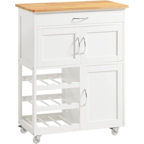 Sobuy – Desserte de cuisine FKW45WN avec plan de travail en bois – Tiroir, placard, casier à vin – Dimensions 67x87x37 cm – Roulettes pivotantes