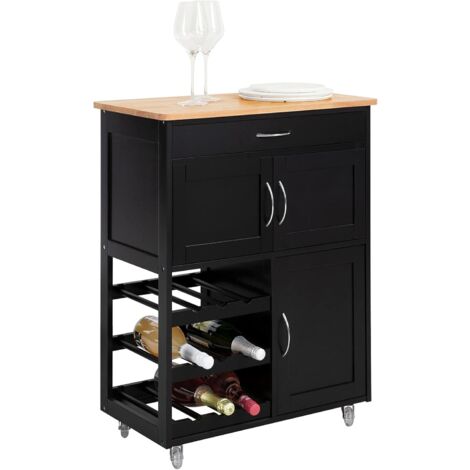 Sobuy – Desserte de cuisine roulante 67x87x38cm – 9 porte-bouteilles – Tiroir et 3 portes – Acier inoxydable – Meuble sur roulettes avec freins – FKW45SCH