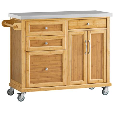 Sobuy – Desserte de cuisine en bambou FKW70N – 115x46x92 cm – Plateau en acier inoxydable – 4 roulettes avec freins – Capacité 75 kg