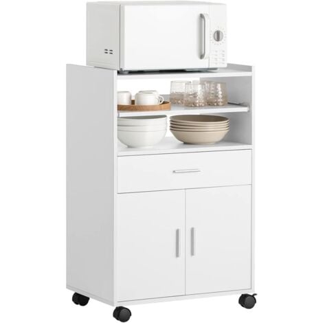SoBuy Desserte, Micro-Onde à roulettes, Buffet, Meuble de Rangement pour Four Micro-Onde, Placard de Cuisine avec 1 Tablette Coulissante, 1 Tiroir et 2 Portes, Blanc, L59xP40xH92 cm, FSB09-W