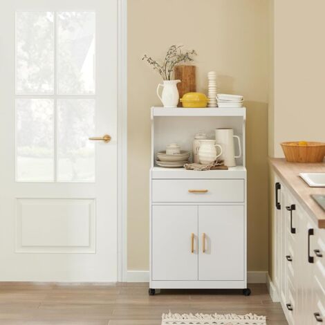 SoBuy Desserte, Micro-Onde à roulettes, Chariot, Meuble de Rangement Cuisine, Meuble Four, Buffet avec 1 Tiroir et 2 Portes, pour Salle à Manger, Cuisine et Salon, Blanc, L62xP40xH119 cm, FSB12-W