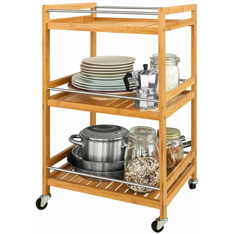 Sobuy - ® Estantería de cocina, carrito de cocina, estantería de ba?o de bambú con ruedas FKW11-N