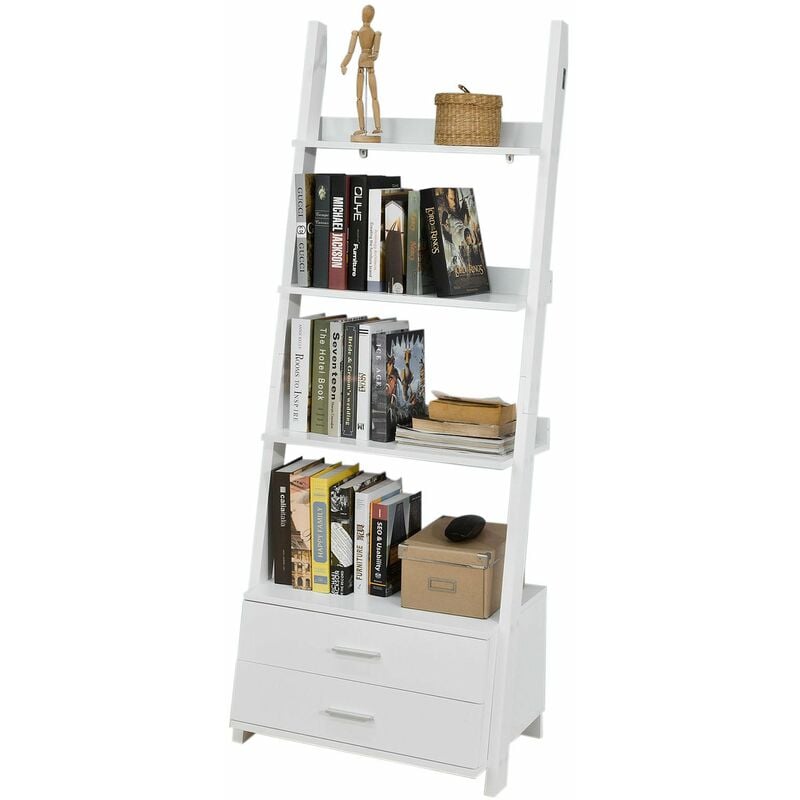 

® Estanteriá en escalera de pared, Librería , 4 áreas y 2 cajones de almacenamiento, blanco, H171cm, FRG230-W - Sobuy
