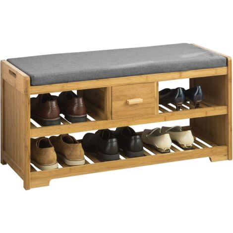 Sobuy – Étagère à chaussures en bambou naturel avec tiroir et banc – Dimensions L91 x P34 x H45 cm – Charge max 180 kg – FSR75N