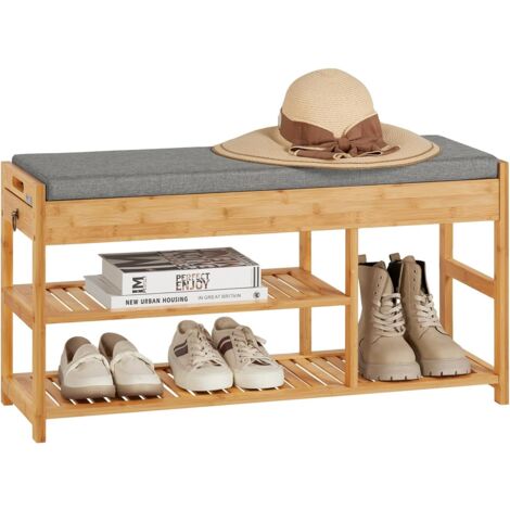 Sobuy – Étagère à chaussures en bambou naturel avec coussin rembourré – 2 tiroirs latéraux – Dimensions L90 x P30 x H45 cm – Charge max 150 kg – FSR47N