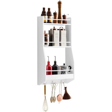 Sobuy – Étagère murale à suspendre 38x17x75cm KCR12W – Bois MDF laqué blanc – Charge max 20kg – 3 crochets pour rangement cuisine et salle de bain