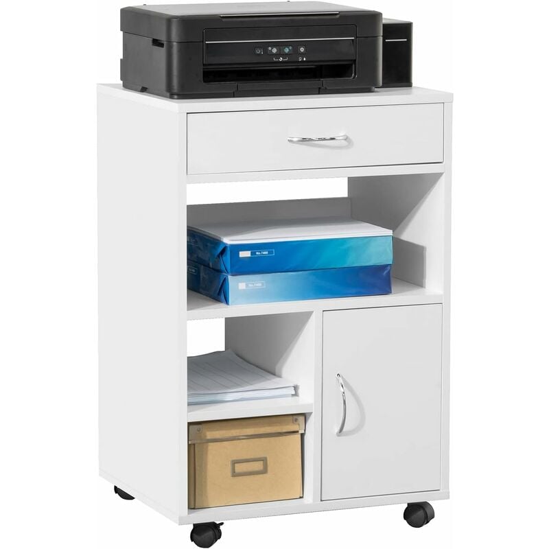 Sobuy - FBT106-W Support Imprimante Roulant Bureau Mobile Caisson Meuble de Rangement Bureau avec tiroir et porte Blanc