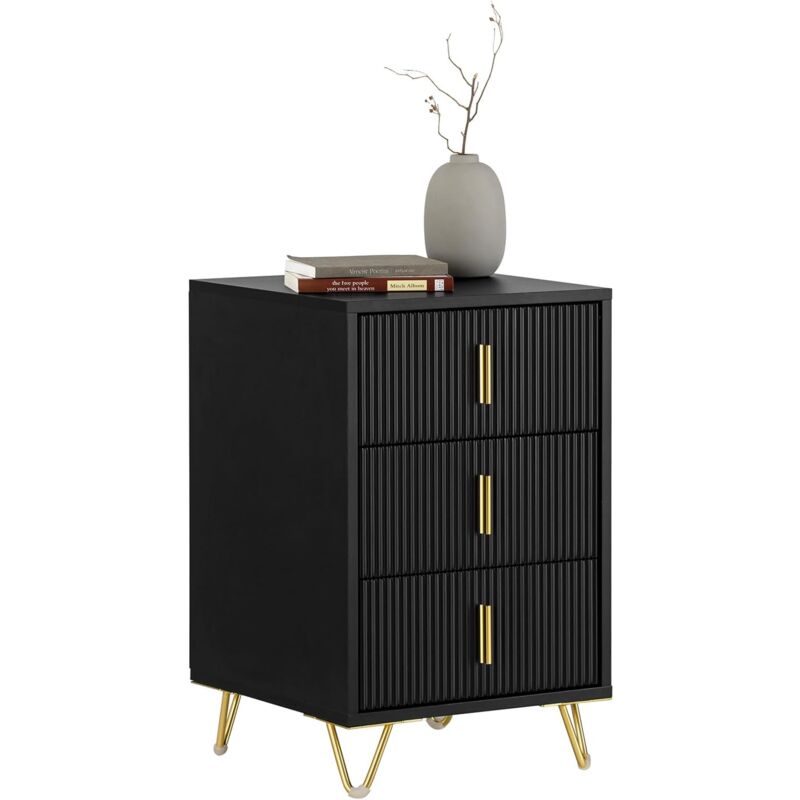 FBT115-L-SCH Table de Chevet avec 3 Tiroirs Table de Nuit Bout de Canapé Table d'appoint pour Salon, Chambre, Bureau, Noir - Sobuy