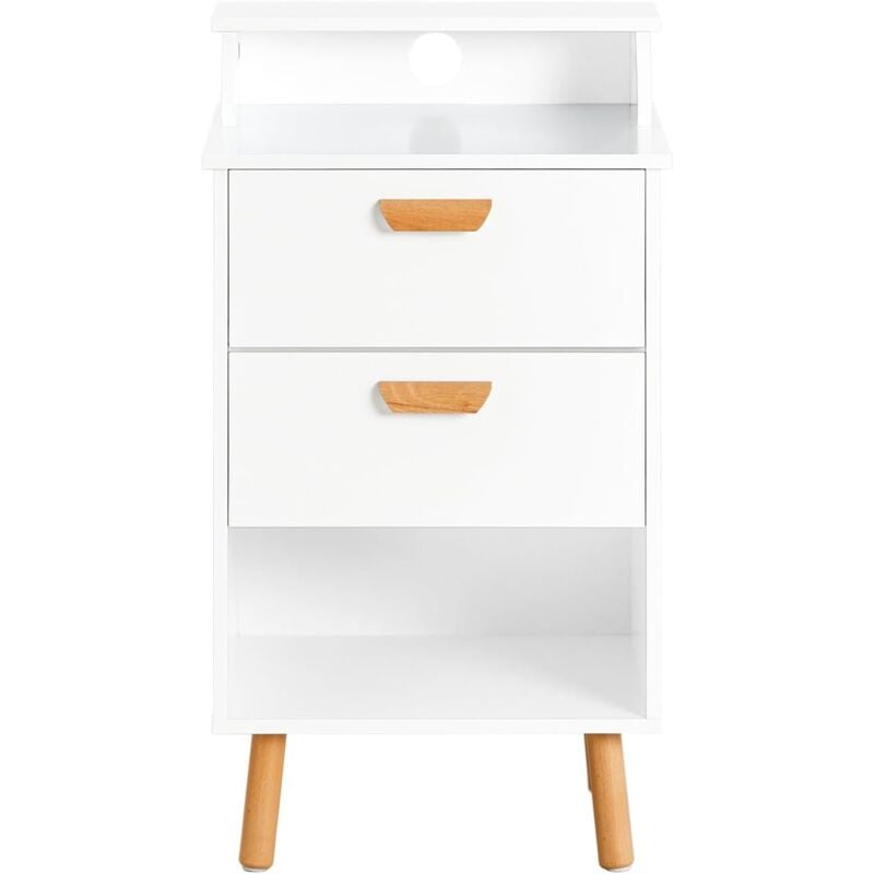 FBT125-W Table de Chevet, Table de Nuit, Table d'Appoint, Bout de Canapé avec 1 Étagère, 2 Tiroirs et 1 Compartiment Ouvert pour Salon Chambre à
