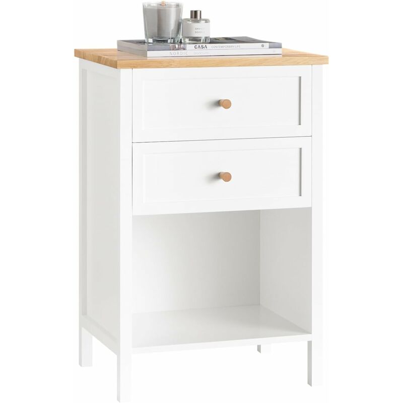 FBT126-WN Table de Chevet avec 2 Tiroirs, Table de Nuit, Bout de Canapé, Table d'Appoint, Table Téléphone, Table de Café pour Salon, Chambre, Bureau,