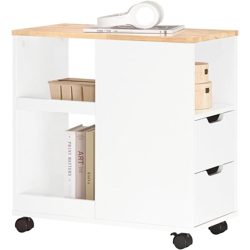 Sobuy - FBT130-WN Bout de Canapé, Table d'appoint avec 2 Tiroirs, Compartiment Ouvert, Meuble de Rangement à Roulettes, Chariot pour Salon, Bureau,