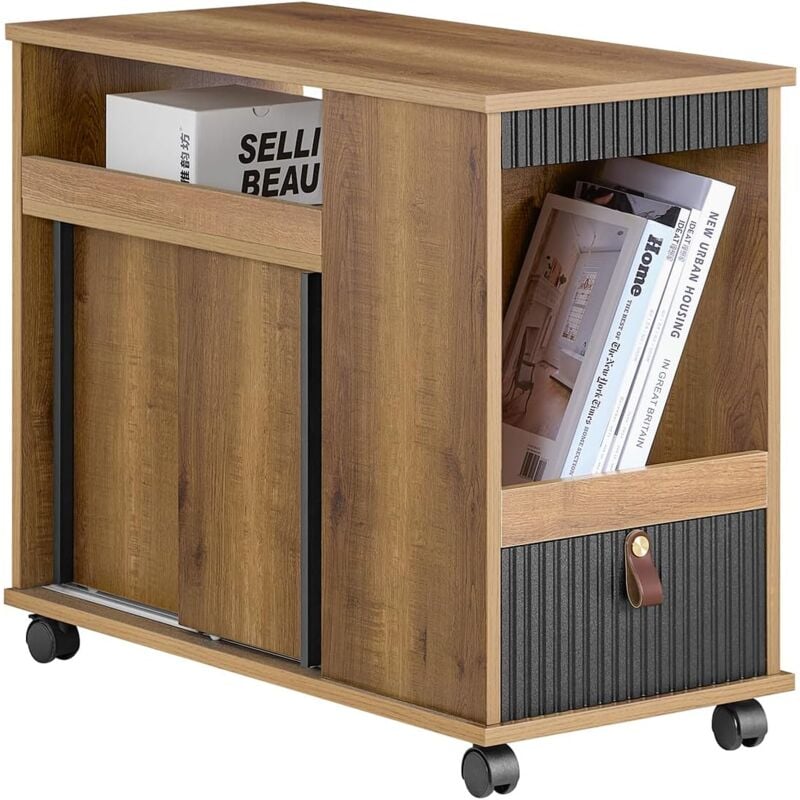 Sobuy - FBT143-PF Bout de Canapé sur Roulettes Table de Chevet Table d'Appoint avec 1 Tiroir, 2 Compartiments Ouverts et 4 Portes pour Salon,