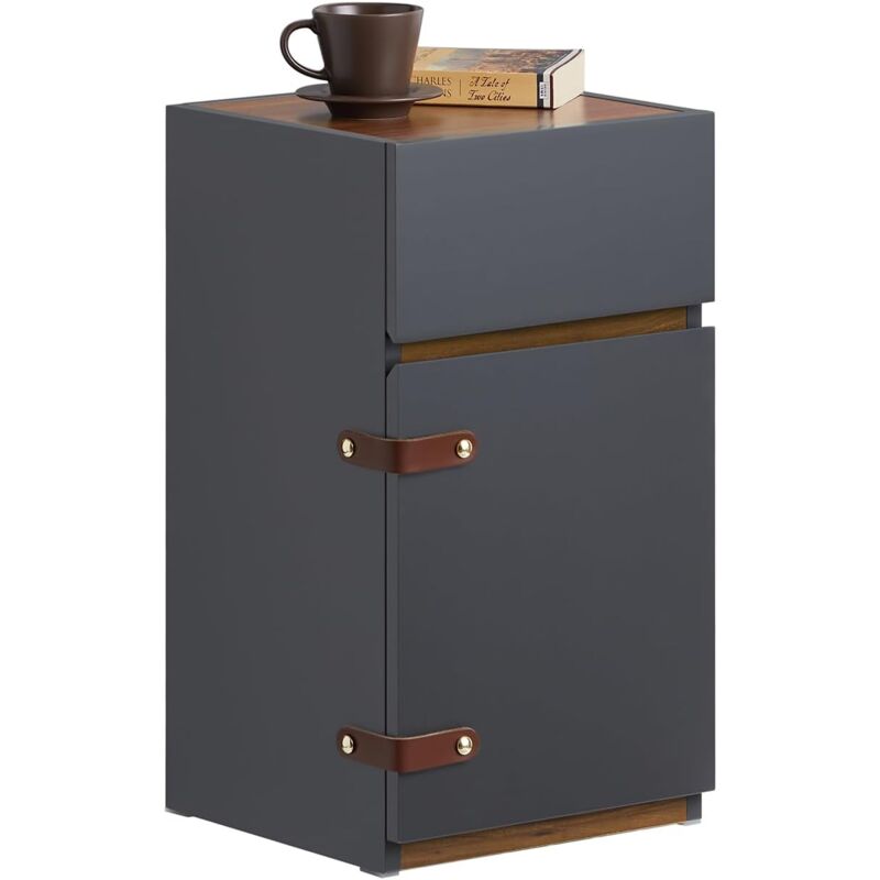 FBT146-DG Table de Chevet Bout de Canapé Table de Nuit Table d'Appoint Table Basse avec 1 Tiroir et 1 Porte pour Salon, Chambre ou Bureau, 30x30x56