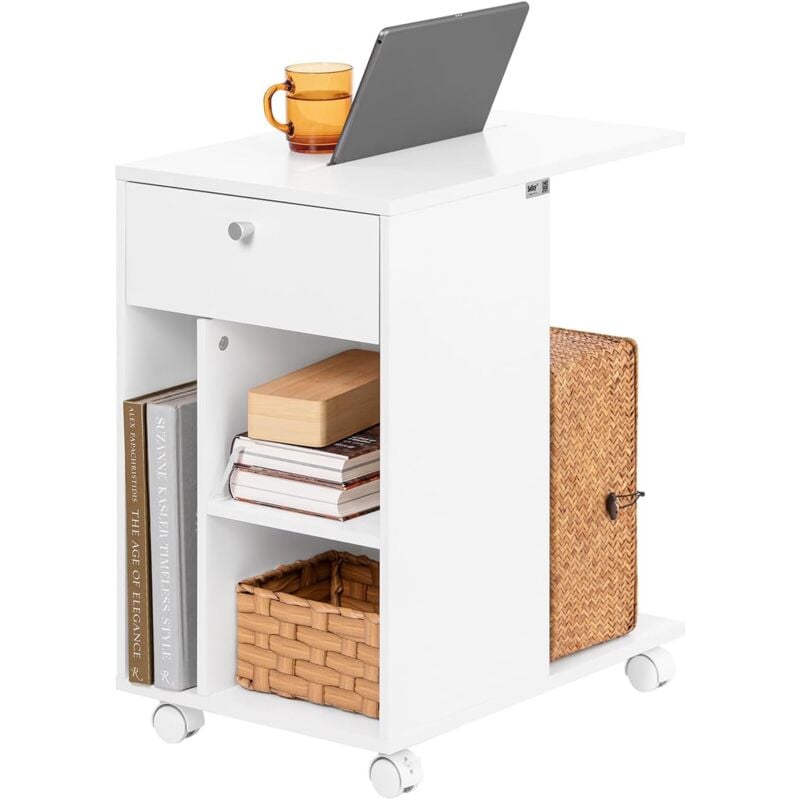 Sobuy - FBT148-W Bout de Canapé sur Roulettes Table de Chevet Table de Nuit Table d'Appoint avec 1 Tiroir et 3 Compartiments Ouverts, en Forme de c,