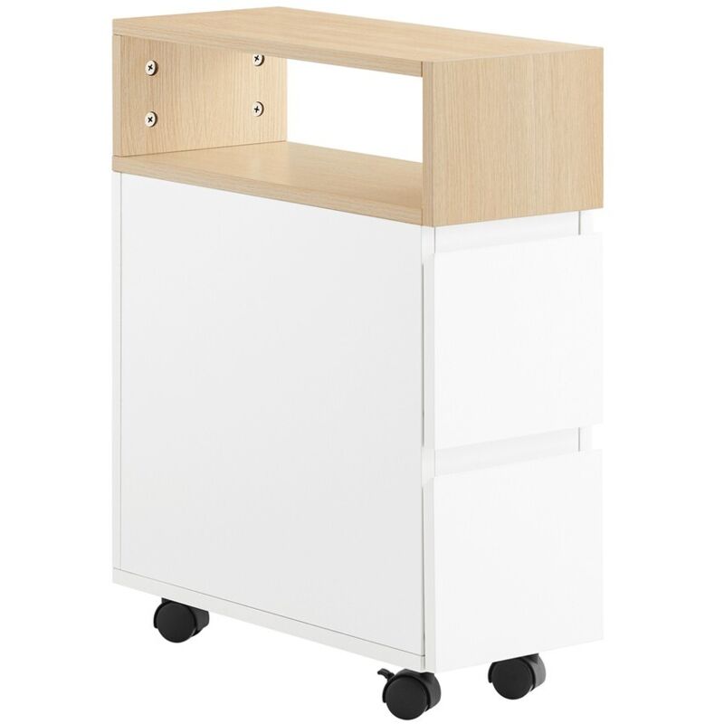 SoBuy Table de Chevet Multifonctionnelle à 2 Tiroirs sur Roulettes Blanc Naturel
