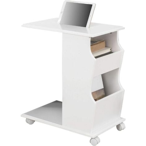 SoBuy FBT67-W Beistelltisch mit Schlitz für iPad und 2 offenen Fächern, Rolltisch Sofatisch Couchtisch rollbar weiß BHT ca.: 53x63x31cm