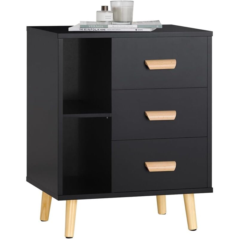 FBT95-SCH Table d'Appoint Bout de Canapé Table de Chevet Table de Nuit avec 3 tiroirs et 2 étagères de Rangement - Noir - Sobuy