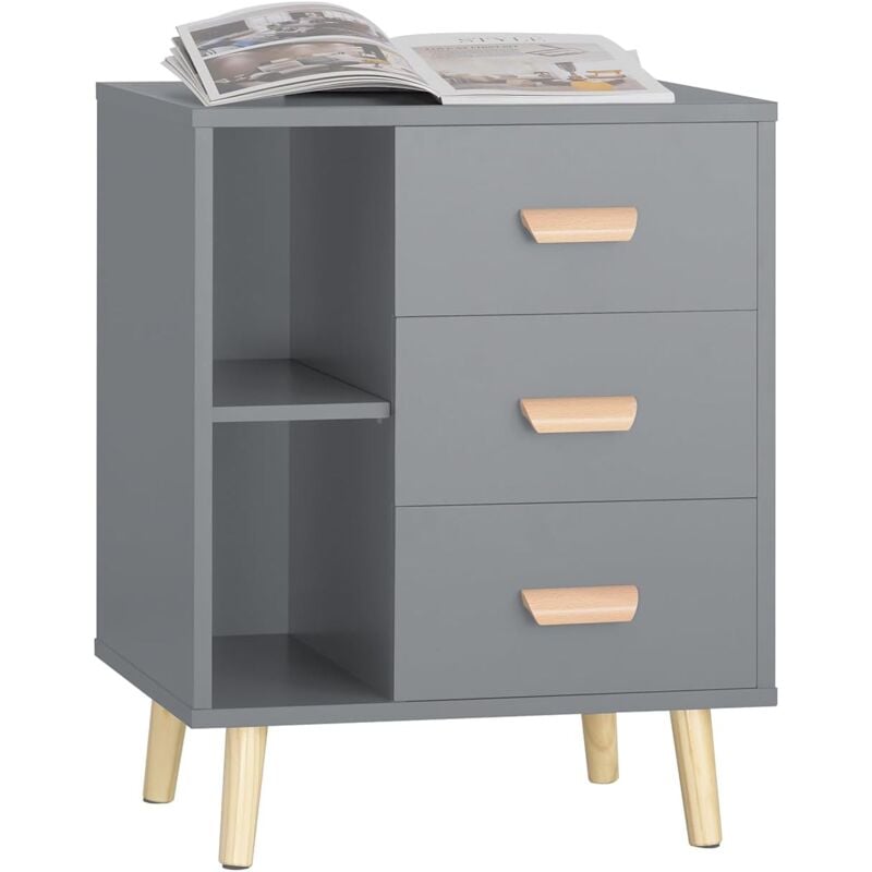 FBT95-HG Table d'Appoint Bout de Canapé Table de Chevet Table de Nuit avec 3 tiroirs et 2 étagères de Rangement - Gris - Sobuy