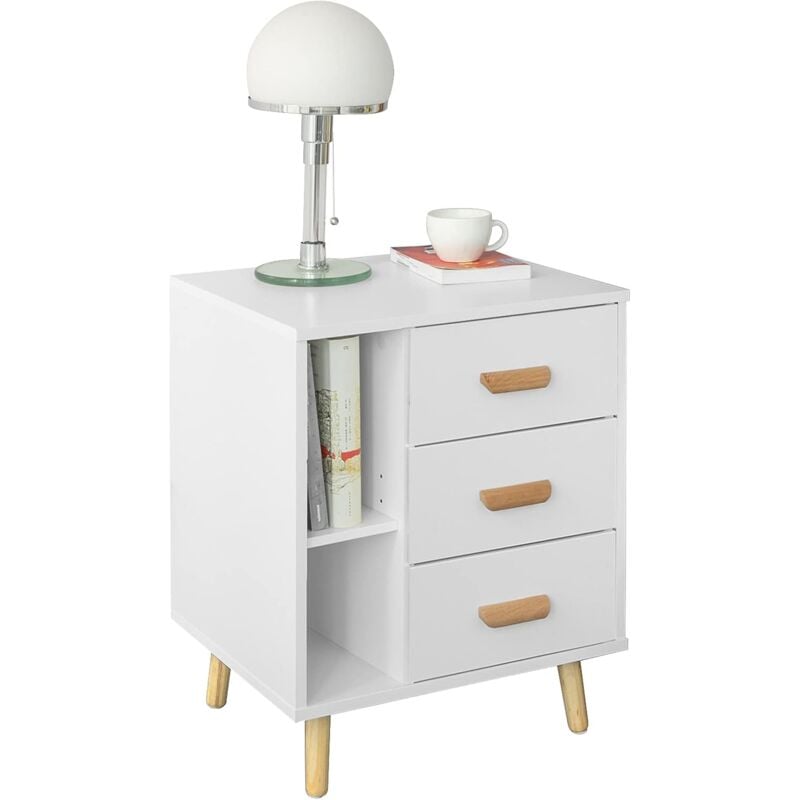 FBT95-W Table d'Appoint Bout de Canapé Table de Chevet Table de Nuit avec 3 tiroirs et 2 étagères de rangement - Sobuy
