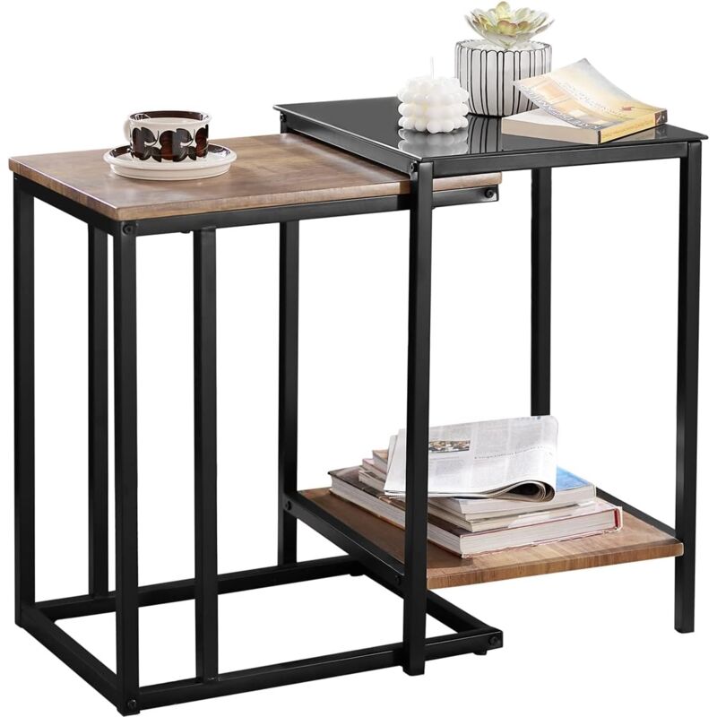 Sobuy - FBT99-F Tables Basses Gigognes, Lot de 2, Tables d'Appoint Empilables, Bouts de Canapé, Tables de Salon en Bois et Verre Trempé avec Cadre en